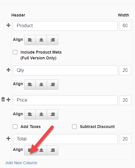 customizing columns of the credit note table